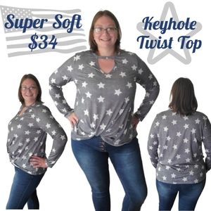 Grey Keyhole Twist Top w/ White Stars - Super Soft